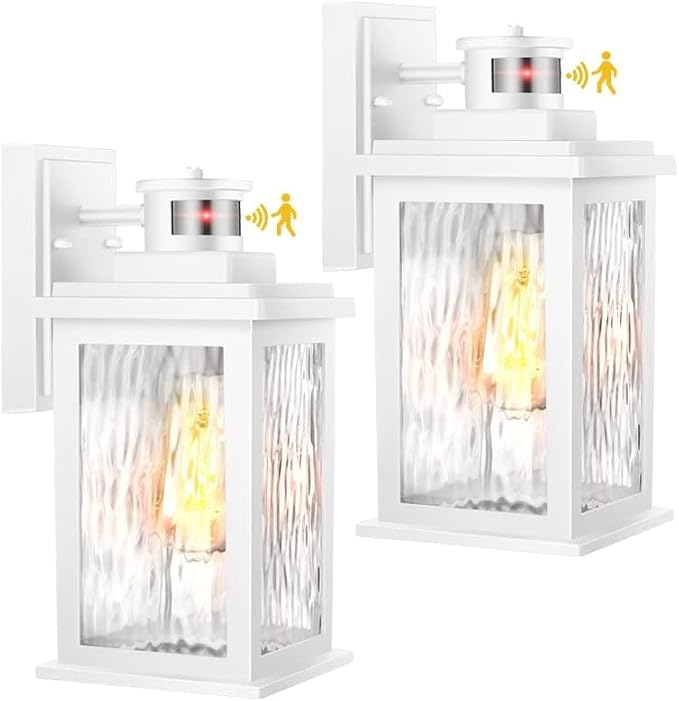 VIANIS 2 Pack Motion Sensor Outdoor Wall Lantern, Exterior Light Fixture | Anti-Rust & Waterproof, White Dusk to Dawn Outdoor Lighting Wall Mount, Tempered Glass, For House Front Porch Garage Entryway