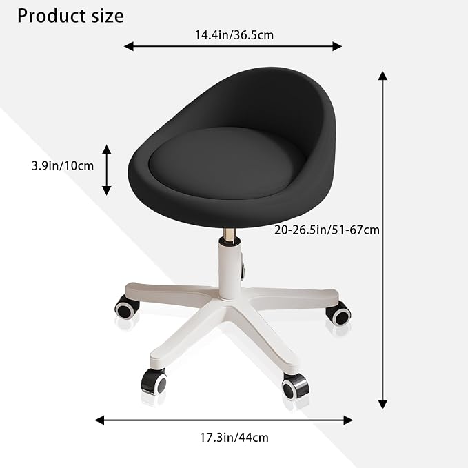 Rolling Stool – Ergonomic Swivel Seat, Adjustable Height, Ultra-Quiet Wheels, Padded PU Leather Cushion, for Salon, Office, Massage & Medical Use Black sap1