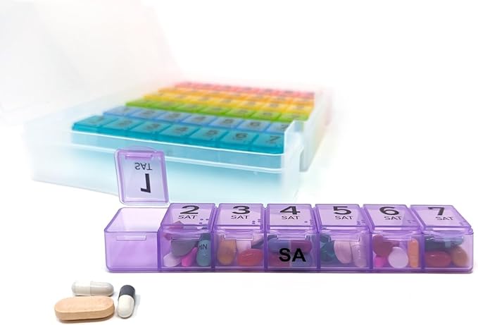 7 Times a Day Weekly Pill Box Organizer Case, Secure 7X Pillbox with Medication Schedule (7 Time-a-Day 2 Pack)