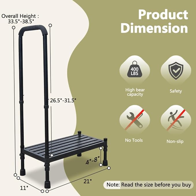 Medical Step Stool with Handle SUV Car Elderly Handicap Steps for RV Mobile Home with Handrail for Adults Seniors Bariatric Metal Stepping Stool Safety Step Assist Adjustable 300lb Foot Stool