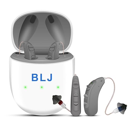 BLJ Rechargeable Hearing Aids for Seniors & Adults - 12 - Channel Clear Sound, RIC Design, Intelligent Noise Reduction & Feedback Cancellation - Portable Charging Case (Gray)
