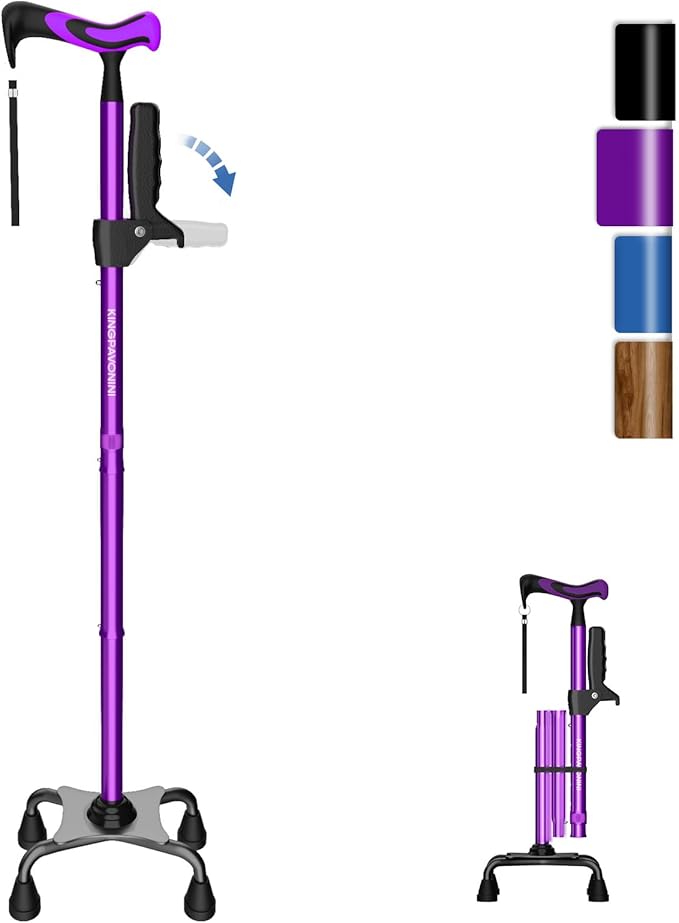 KingPavonini Walking Cane for Women/Men with Second Handle, Foldable & Adjustable Quad Cane with 4-Pronged Base for Standing, Lightweight Walking Aid for Seniors & Adults