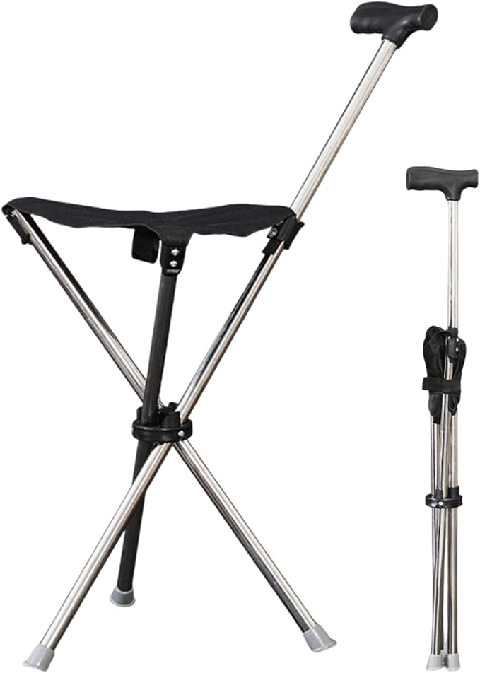 Folding Cane with Seat, Lightweight Adjustable Walking Canes with Seat, Foldable Walking Cane Chair, Ergonomic Support Crutch Stool Mobility Aids, Anti-Slip Walk Stick for Outdoor/Trip/Park