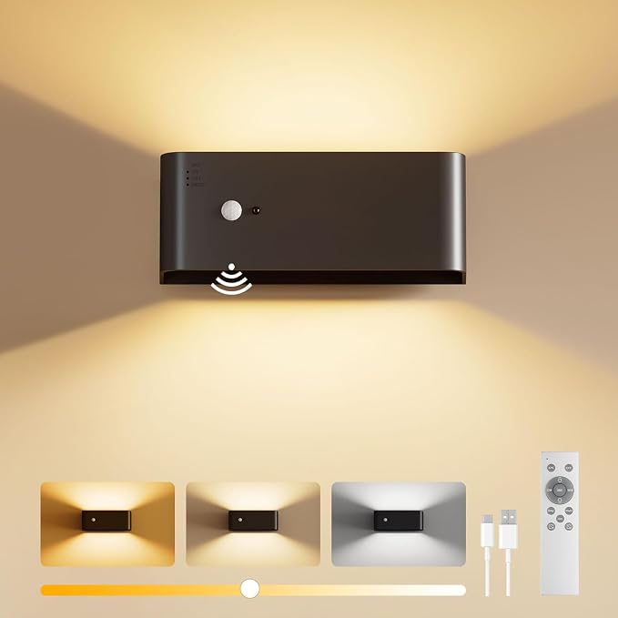 PopoIron Motion Sensor Wall Sconce Indoor with Remote Control 3 Colors Wireless Wall Light LED Wall Sconces Rechargeable 8000mAh Battery Operateded Wall Lamps Brightness Adjustable for Bedroom