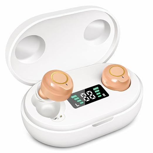 Rechargeable Hearing Amplifier for Seniors with Charging Case – Clear Sound for Conversations & TV Listening, Noise Reduction, Easy Volume Control, Comfortable In-Ear Design（Beige）