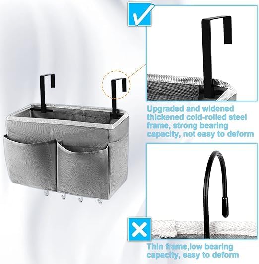 Bedside Caddy Organizer 5 Pockets 4 Hooks Bunk Bed 2Pack Grey | Hanging Storage Bag for Headboards