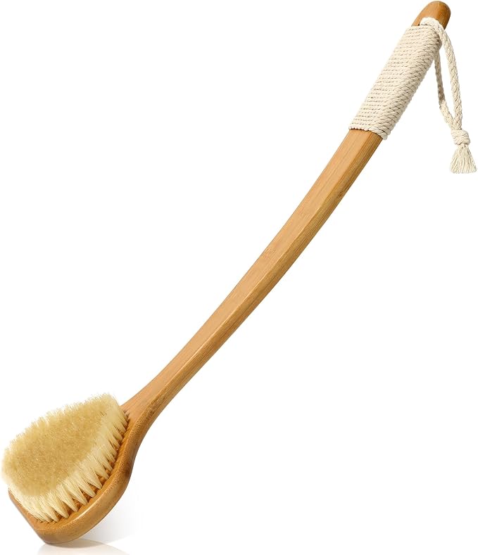 eaxun 17.3 Inches Bamboo Back Scrubber with Curved Long Handle for Shower | Exfoliating Shower Brush with Natural Boar Bristles for Men and Women, Anti-Slip Grip Back Washer for Bath or Dry Brushing