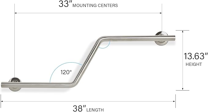 Seachrome Bathroom Grab Bar, 38 inch Stainless Steel, Left Handed Zuma Bar, 1 1/4 inch Diameter, Handicap Grab Bar, Safety Rail, Satin Stainless (GWL-3638-QCR-SS)