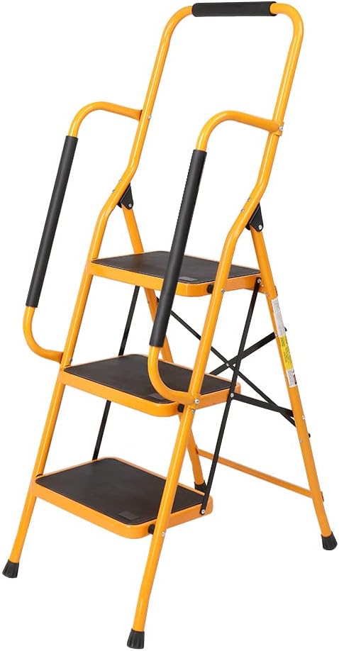 Winado 3 Step Ladder with Handrails, 330lbs Folding Step Stool, w/Non-Slip Side Armrests Large Pedal Area, Suitable for Home Office
