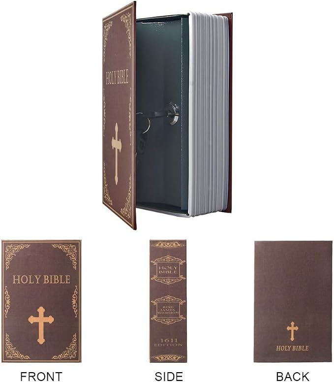 Small Sized Diversion Book Safe Storage Box, Dictionary Secret Hidden Box With Security Combination Lock/Key (Key, Bible)