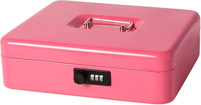 Jssmst Large Cash Box with Combination Lock - Durable Metal Cash Box with Money Tray, Pink, 11.81 x 9.84 x 3.46 inches, CB0705XLN