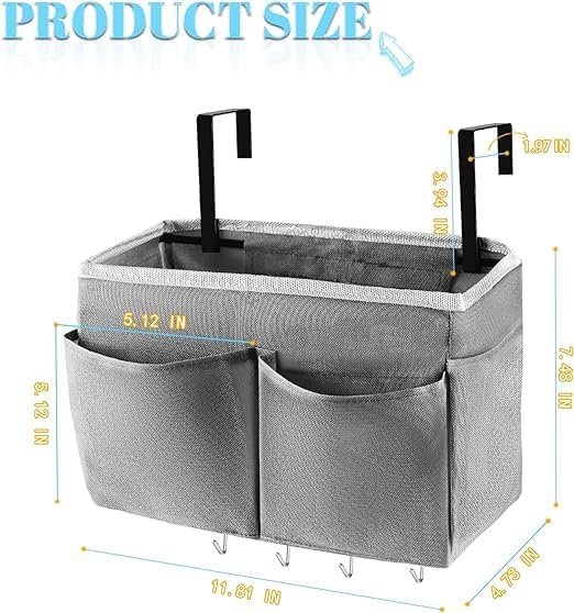 Bedside Caddy Organizer 5 Pockets 4 Hooks Bunk Bed 2Pack Grey | Hanging Storage Bag for Headboards