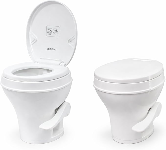 SEAFLO RV Toilet – 18.4" Residential Height, Gravity Flush Foot Pedal, 4-Year Warranty, Fits Most RVs (9.5" Rough-In), Soft Close Seat, 2-Bolt Mount, for Camper Travel Trailer Motorhome SFRTPH-01-01