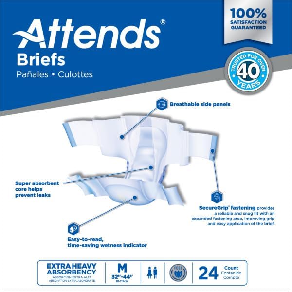 Attends Adult Incontinence Disposable Briefs, Medium, 32"-44" Waist with SecureGrip Tab Closure, Extra Heavy Absorbency with Super Absorbent Core and Breathable Side Panels, 24ct Bag