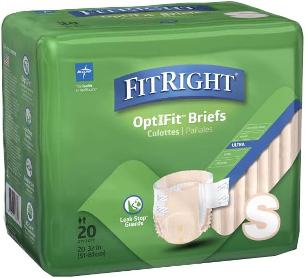 FitRight Adult Diapers, Ultra Heavy Absorbency, S (Waist Size 20in-32in), 20 Count, OptiFit Incontinence Briefs for Men and Women, Disposable, Moisture-Wicking, Leak Protection, (Pack of 2)