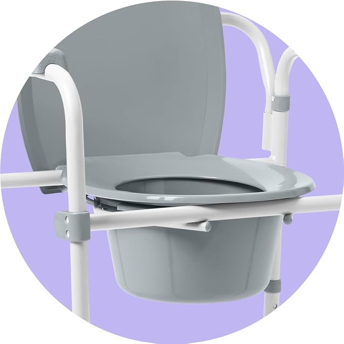 Medline 3-in-1 Steel Bedside Commode, Standard Seat, Sturdy Folding Frame, 7.5 QT. Bucket, 350 lb. Weight Capacity, Clip-on Seat, Easy Cleaning, Tool-Free Assembly, Gray