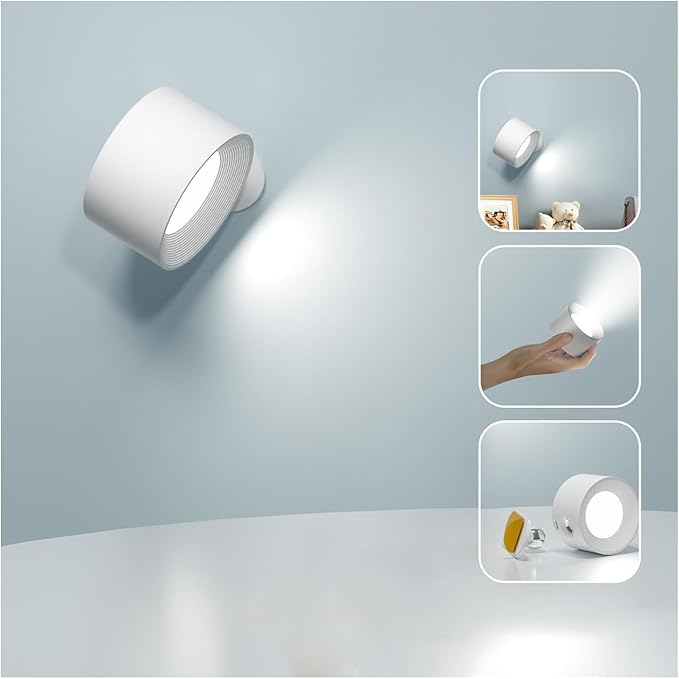 LED Wall Sconce, Wall Mounted Lamp with Rechargeable Battery Operated 3 Color Temperature & 3 Brightness Level 360°Rotate Magnetic Ball, Cordless Wall Light for Reading Bedside-White