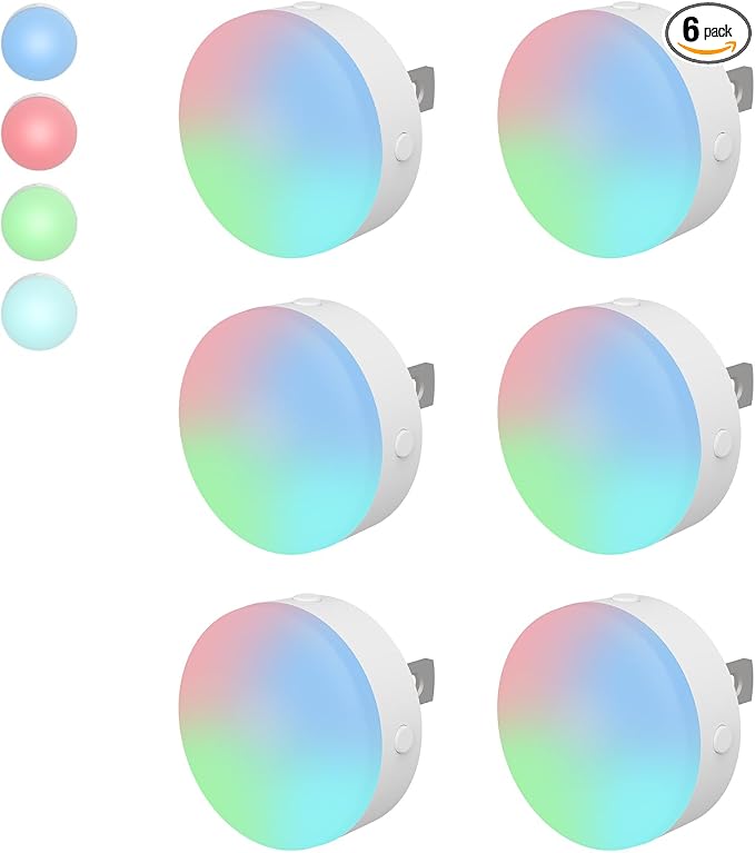 Mini Plug in Night Light, Dusk to Dawn Sensor, 4-Color, LED Toilet Night Lights, Dimmable Color Changing, for Kids Breastfeeding, Sleep Aid, Bedroom, Nursery, Hallway, 6Pack