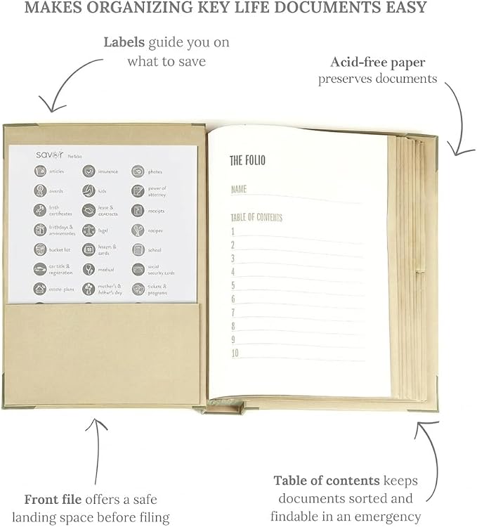 The Folio® Important Document Organizer by Savor | Binder with Guided Labels, Acid-Free File Folder Organizer with 10 Pockets, Document Holder for Home Records, Legal and Medical Papers (Slate)