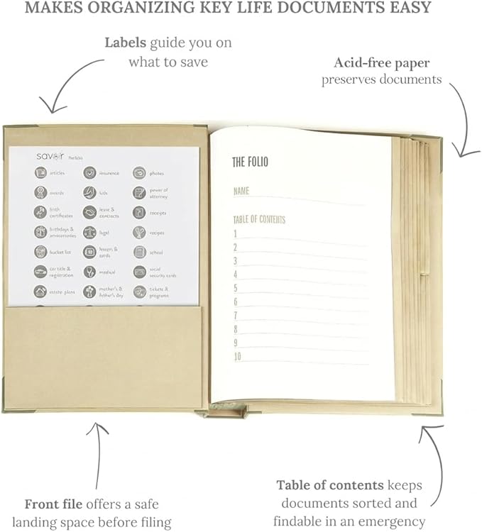 The Folio® If I Die Binder Organizer with Labels by Savor | Acid-Free Important Document Organizer with 10 Pockets, Document Holder for Birth Certificate, Wills, and Investment Plans (Slate)