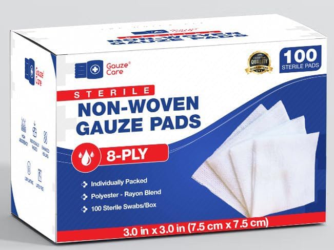 Thick Non-Woven Sterile 3x3 Gauze Pads Pack of 100| 8-ply Sponges| Individually Packed, Soft and Lint-Free Medical Pads for Enhanced Absorption and Wound Care