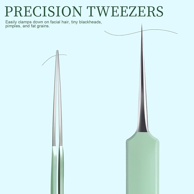 Teenitor 7 Pcs Surgical Grade Blackhead Remover Tools and Pimple Popper Tool Kit, Ingrown Hair Tweezers, Blackhead Tweezers, Precision Tweezers, Pimple Extractor, Light Green