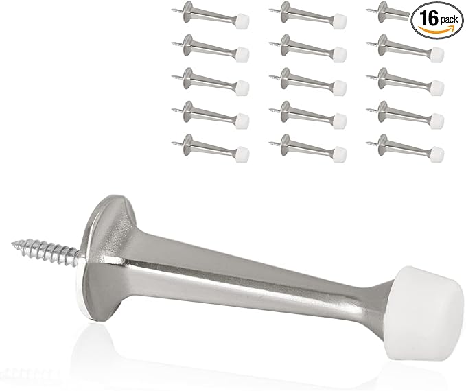 16 Pack Solid Rigid Door Stops - Heavy Duty Door Stoppers Wall Protector with Soft Rubber Tips, Satin Nickel