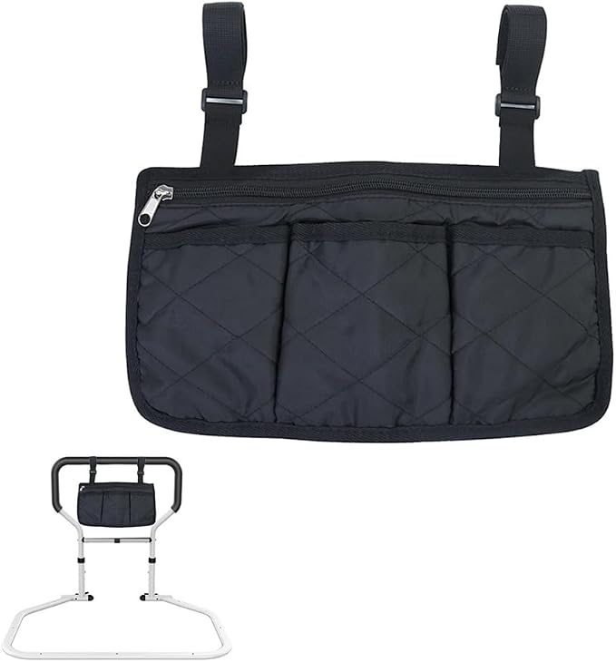 Bed Rails Bag with Cup Holder Phone Pouch 4 Pocket Storage Organizer Bag for Elderly Adults Safety Bed Assist Rail Medical Bed Support Bar Mobility Assistant Handle Bars Under Mattressbed Cane