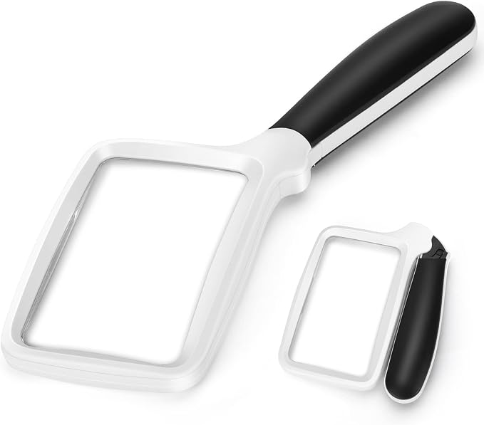 Folding Handheld Magnifying Glass with Light, 3X Large Rectangle Reading Magnifier, Dimmable for Seniors with Macular Degeneration, Newspaper, Books, Small Print, Lighted for Low Visions White Black