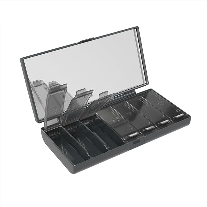EQUADOSE Weekly Pill Case, 7-Day Medicine Organizer with Mirror, Compact Vitamin Storage Box, Travel-Friendly Pill Planner, 7 Individual Compartments for Supplements, Tablets, and Medications, Black