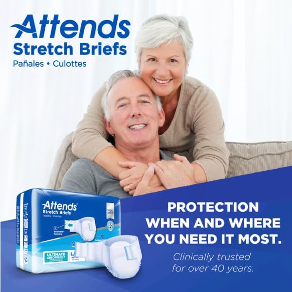 Attends Stretch Adult Incontinence Disposable Briefs, Large/X-Large, 40"-70" Waist with SecureGrip Tab Closure, Ultimate Absorbency with Dry-Lock Containment Core and Breathable Side Panels, 24ct Bag