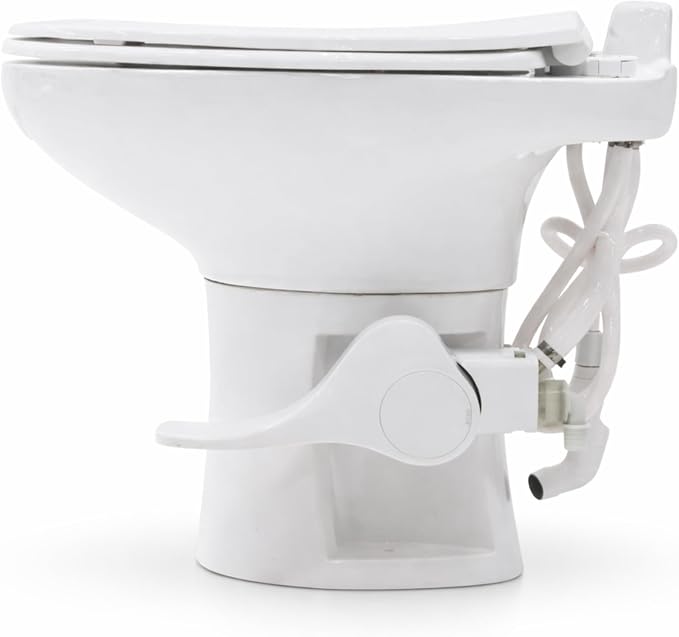 SEAFLO Porcelain RV Toilet with Sprayer Attachment - Elongated Bowl 19” Inch Residential Height, Gravity Flush, Foot Pedal Soft Close Seat Camper Motorhome Easy Install 4 -year Warranty SFRTCH-02-02