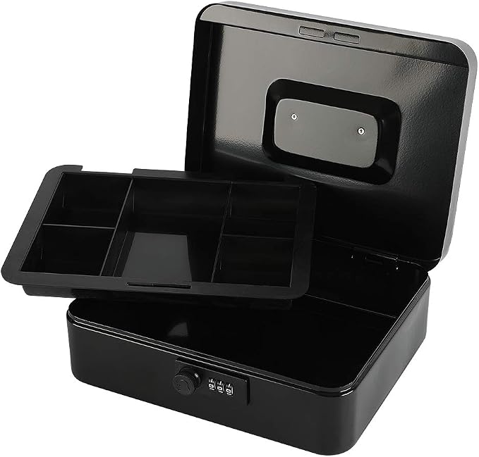 xydled Steel Cash Box Safe with Combination Lock,Money Safe Box with Removable Coin Tray,Large,9.84"x 7.87"x 3.54",Black