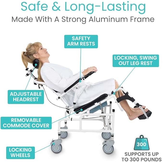 Vive Reclining Shower Chair with Wheels - Commode Wheelchair for Seniors, Disabled, Bariatric & Handicap - Padded Transfer Rolling Chairs with Arms - Portable & Waterproof - Extra Wide Seat