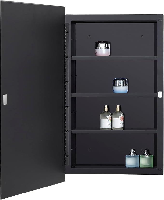 Black Plastic Medicine Mirror Cabinet for Bathroom with 16 x 28 inch Beveled Edge Mirror, Recessed and Surface Mount