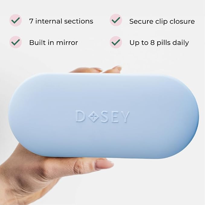 Dosey Compact Travel Pill Organizer - Pill Case with 7 Compartments for Medicine Storage & Protection – Stylish & Elegant Medication Organizer with Mirror, Blue