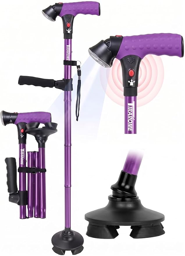 Walking Cane for Men & Women, 3-in-1 Folding Cane with Alarm and Light, Adjustable, Collapsible Walking Stick for Seniors Balance with a Second Handle