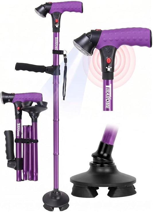 Walking Cane for Men & Women, 3-in-1 Folding Cane with Alarm and Light, Adjustable, Collapsible Walking Stick for Seniors Balance with a Second Handle