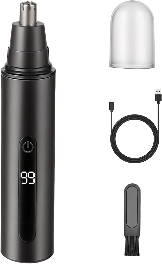 Nose Hair Trimmer for Men and Women,USB Rechargeable Eyebrow & Facial Hair Remover with LED Display,Aluminum Alloy Shell with IPX7 Waterproof,Dual Edge Blades for Easy Cleaning (Black)