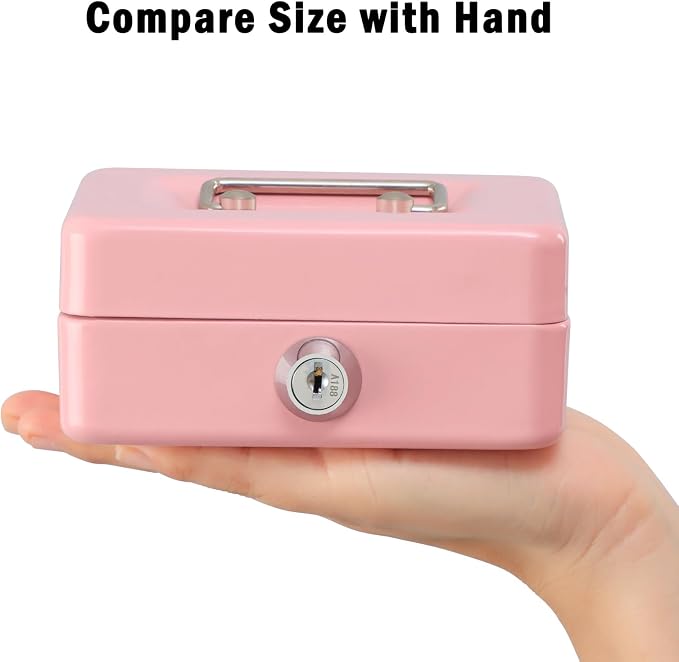 xydled Locking Steel Mini Cash Box with Removable Coin Tray and Key Lock for Kids, 4.92" x 3.74" x 2.36",Pink