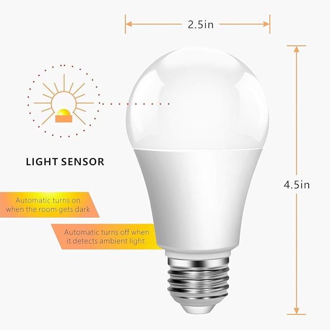 Outdoor Sensor Light Bulbs, E26 Dusk to Dawn Automatic Sensor | Auto On/Off, Energy-Efficient, for Indoor Outdoor Lighting, Front Door Garage Basement Storage Closet, 120V, 6000K 6Pack