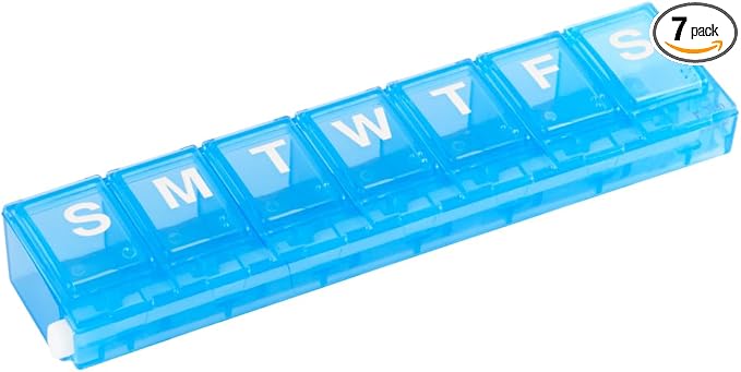 EZY DOSE Weekly (7-Day) Pill Planner, Medicine Case, Vitamin Organizer Box, Small Locking Compartments to Secure Prescription Medication and Prevent Accidental Spilling, Blue