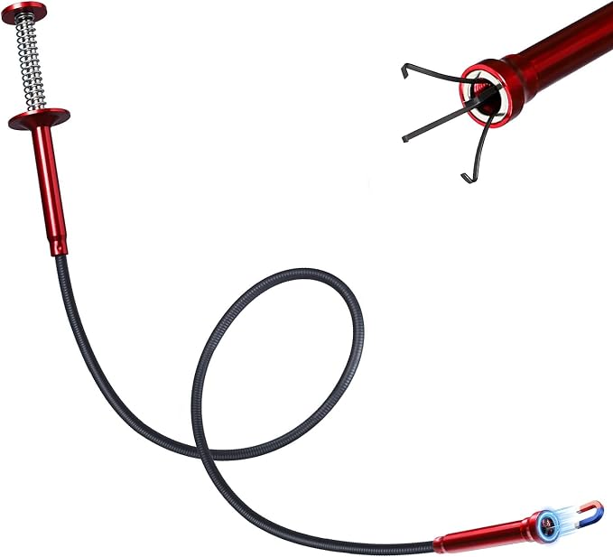 Flexible Grabber Tool, Magnetic 4-Claw Gripper (24", Red) | Mechanic Pickup Tool with Spring-Loaded Handle; for Automotive, Engine Bay, Bathroom, Kitchen, Sewers, Drain, Small Spaces