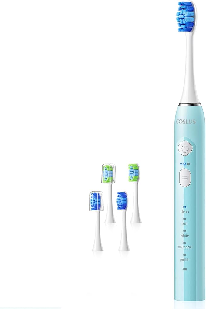 COSLUS Sonic Electric Toothbrush for Adults & Kids: 3 Intensities & 5 Modes Gum-Friendly for Deep Cleaning & Whitening - 2 Types of Heads for Family, Sensitive Teeth, Braces, Travel Home, Green, 1PC