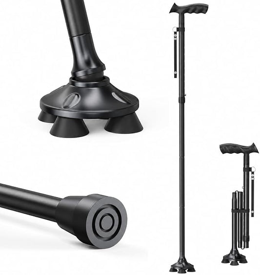 Walking Cane for Men & Women, Sturdy Walking Sticks for Seniors | Foldable, Adjustable, All Terrain Tips for Daily Use/Travel, Comfort Grip, Free Standing, Heavy-duty Aluminum, Black