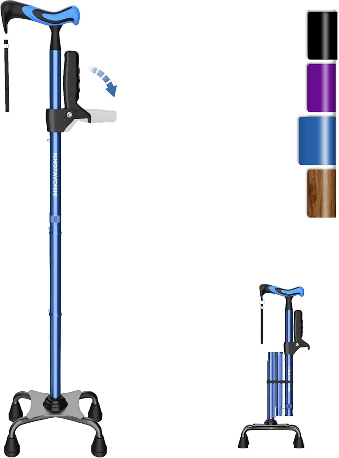 KingPavonini Walking Cane for Women/Men with Second Handle, Foldable & Adjustable Quad Cane with 4-Pronged Base for Standing, Lightweight Walking Aid for Seniors & Adults