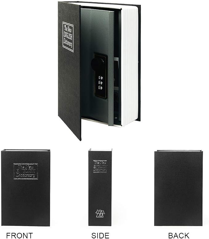 Small Sized Diversion Book Safe Storage Box, Dictionary Secret Safe Can with Security Combination Lock/Key, Diversion Book Hidden Safe (Combination, Black dictionary)