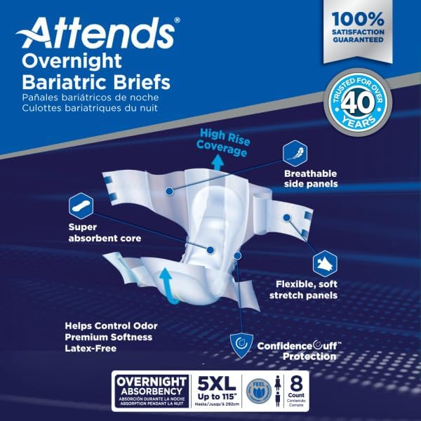 Attends Bariatric Incontinence Disposable Briefs, 5X-Large, Up to 115" Waist with Tab Closures, Ultimate Absorbency, Dry-Lock Containment Core and ConfidenceCuff Leakage Protection, 5XL 8ct Bag