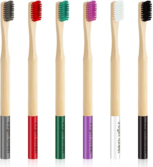 Virgin Forest 6 Pcs Biodegradable Bamboo Toothbrushes, Natural Eco-Friendly BPA-Free Toothbrushes, Best Travel Wood Toothbrush Set for Sensitive Gums