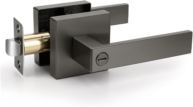 KNOBWELL 1 Pack Gunmetal Black Nickel Door Handle Square Doorknob with Lever Brushed Black Interior Door Lever for Bed and Bath